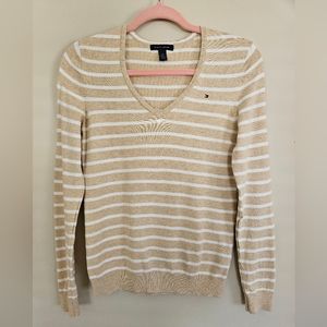 Tommy Hilfiger Pima Cotton Blend Sweater V-neck Beige White Stripe Size SP Small